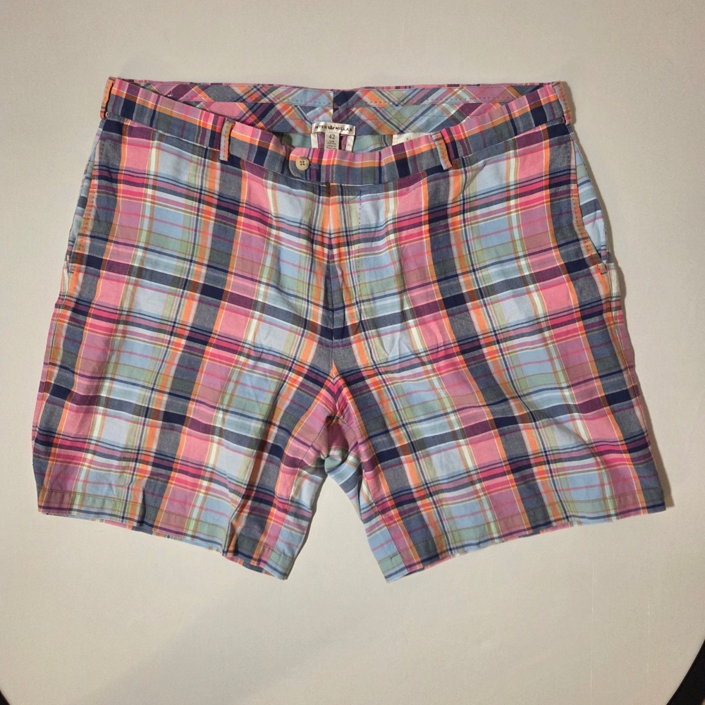 Peter Millar Mens Plaid Cotton Shorts Multi-Color Pink Blue Orange Size 42